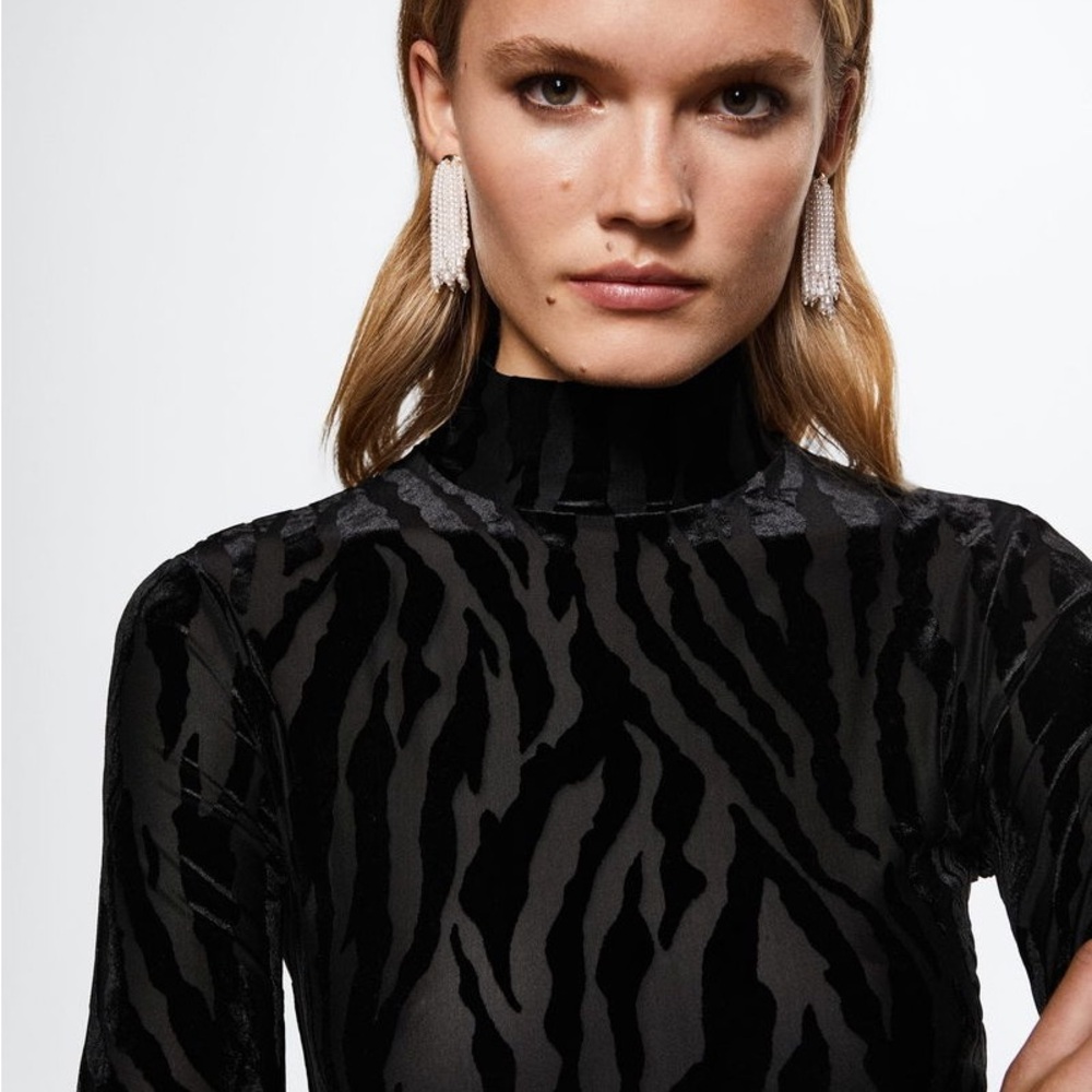 Mango Black Sheer Zebra Print Turtleneck Top